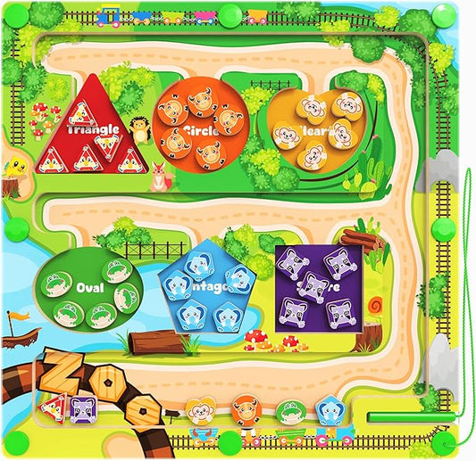 Magnetic Color & Shape Maze, Montessori Wooden Color Shape Matching Puzzle Board - Educational Learning Toys, Toddler Fine Motor Skills Sensory Toys for Boys Girls 3 4 5 Years Old Gift