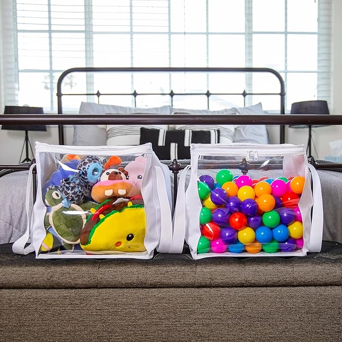 2 Pack Extra Large Toy Storage Clear Bags with Zipper 14"x14"x14" Clear Plastic Bins with Handle, Toy Organizer for Kids playroom, Blocks, Clothes, Stuffed Animal Storage