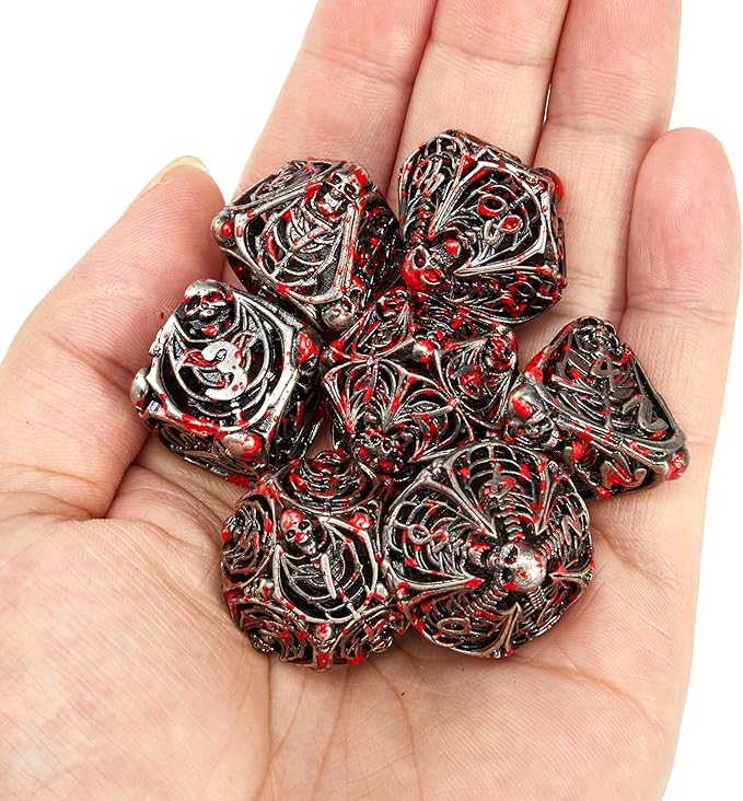 Metal Skull Dice Set Hollow Multi-Sided Dungeons & Dragons Dice 7CPS Role-Playing Dice Set with Flannel Bag Suitable for D&D Board Game Cards (Spatter)