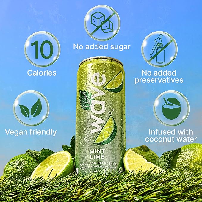 WAVE Sparkling Refreshers | Sparkling Juice | Organic Hydration | Low Calorie Drink | Lightly Carbonated Soda Alternative | No Added Sugar, Preservatives or Artificial Ingredients | Mint Lime | 12 Pk