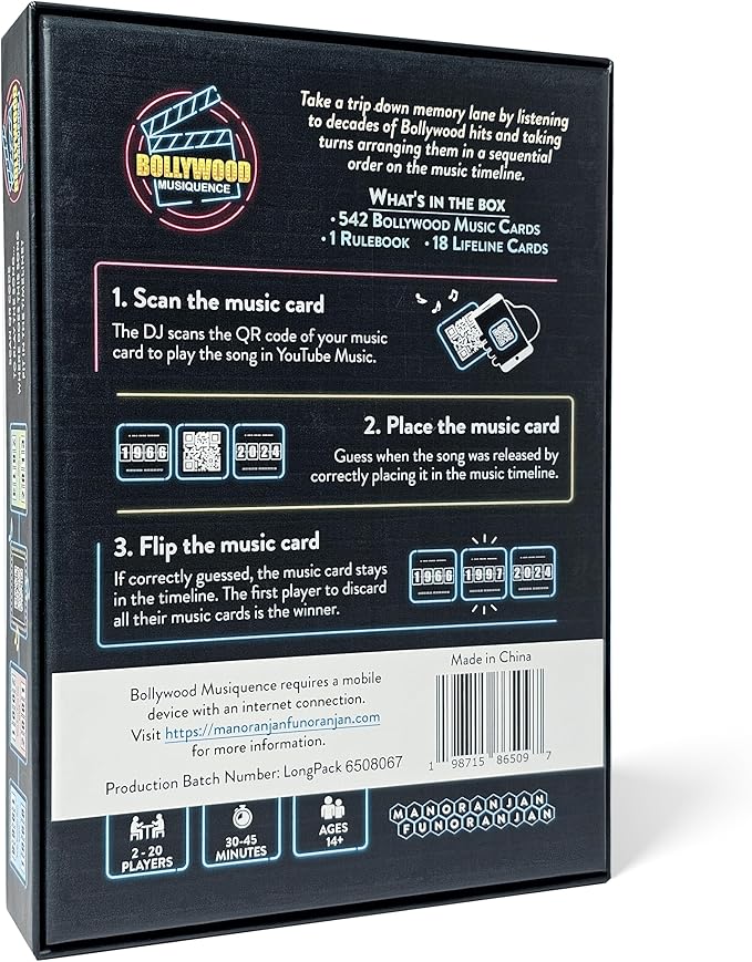 The Bollywood Music Party Card Game, Fun Hindi Music Filmi Trivia Card Game, 2-24 Players, 500 Plus Indian Music Hits Cards, Great for Desi Friends and Family Game Nights and Parties