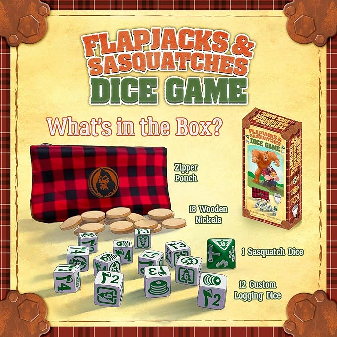 Prolific Games Flapjacks & Sasquatches Lumberjack Dice Game – Quick-Playing in a Zippered Travel Pouch – Great for Camping & Car Trips – Adults, Teens, and Kids – 2 to 6 Players – Ages 8+