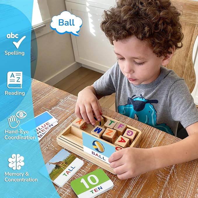 BenBen Spelling Games with Flash Cards, Montessori Toys for 3 4 5 6 Years Old Kids, Wooden Matching Letters Games, CVC Word Educational Learning Toys, Gift for Preschool Kindergarten