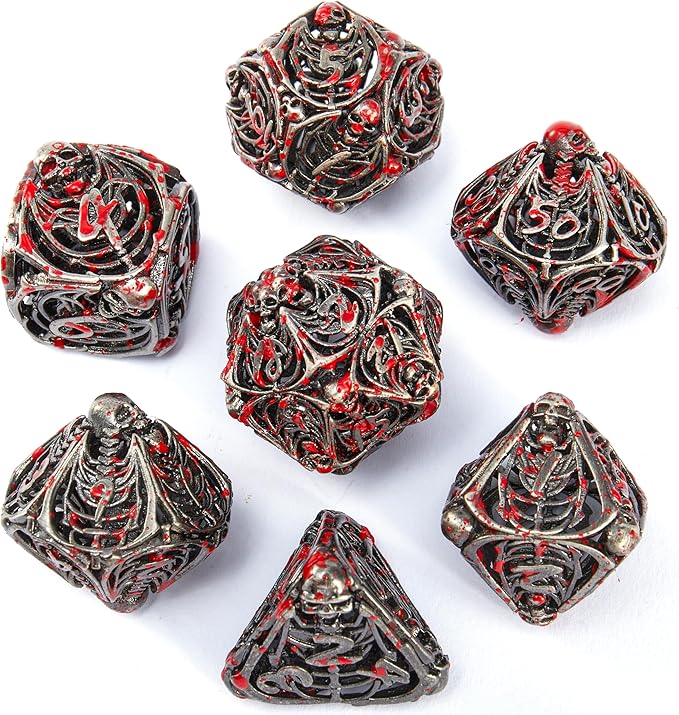 Metal Skull Dice Set Hollow Multi-Sided Dungeons & Dragons Dice 7CPS Role-Playing Dice Set with Flannel Bag Suitable for D&D Board Game Cards (Spatter)