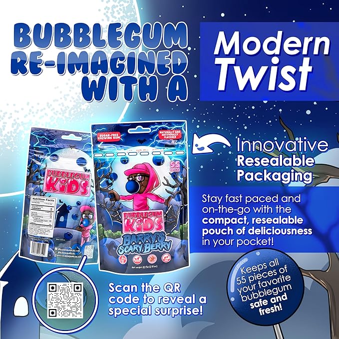 Bubblegum Kids Sugar Free Gum - For Kids and Adults - Vegan Friendly - Retro, Parent Approved Bubble Gum with Burst of Sweet Flavor - Barry's Scary Berry (Berry 6-Pack)