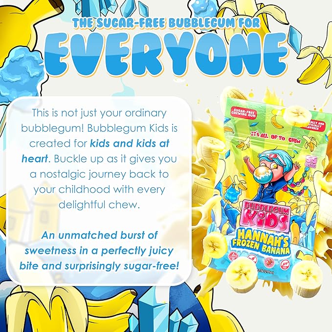 Bubblegum Kids Sugar Free Gum - For Kids and Adults - Vegan Friendly - Retro, Parent Approved Bubble Gum with Burst of Sweet Flavor - Hannah's Frozen Banana (Banana 6-Pack)