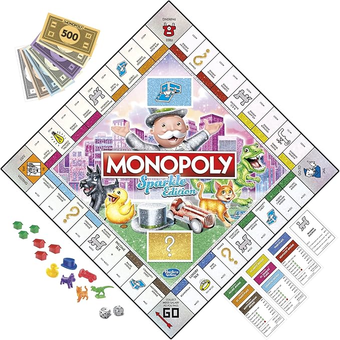 Hasbro Gaming Monopoly Sparkle Edition Board Game, Family Games, with Glittery Tokens, Pearlescent Dice, Sparkly Look, (Amazon Exclusive)