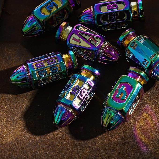 UDIXI Metal DND Bullet Dice Set with Unique Container, 7-Die Polyhedral Dice Set Cool Style for D&D, Role Playing Game or Other Tabletop Games(Colorful)