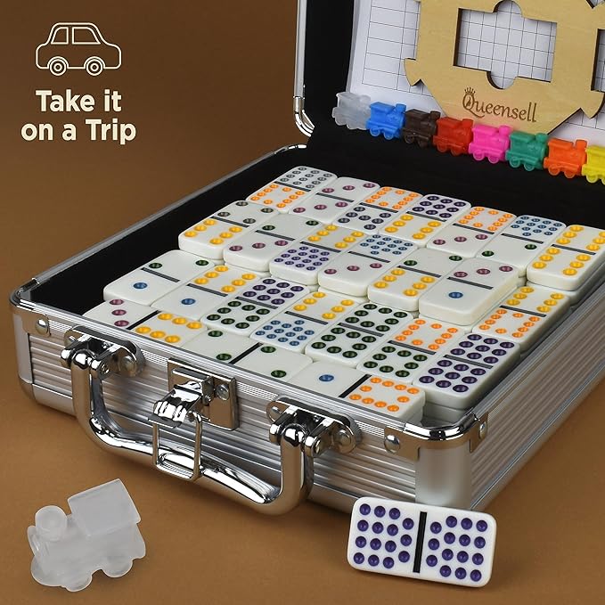 Queensell Mexican Train Dominoes Set Double 15, Dominoes Set for Adults and Family, Mexican Train Double 15 Dominoes Set Colored Dot - 136 Tiles, 9 Trains, Wooden Hub, Aluminum Case (Double 15)
