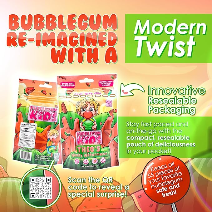 Bubblegum Kids Sugar Free Gum - For Kids and Adults - Vegan Friendly - Retro, Parent Approved Bubble Gum with Burst of Sweet Flavor - Theo's Wacky Watermelon (Watermelon 6-Pack)