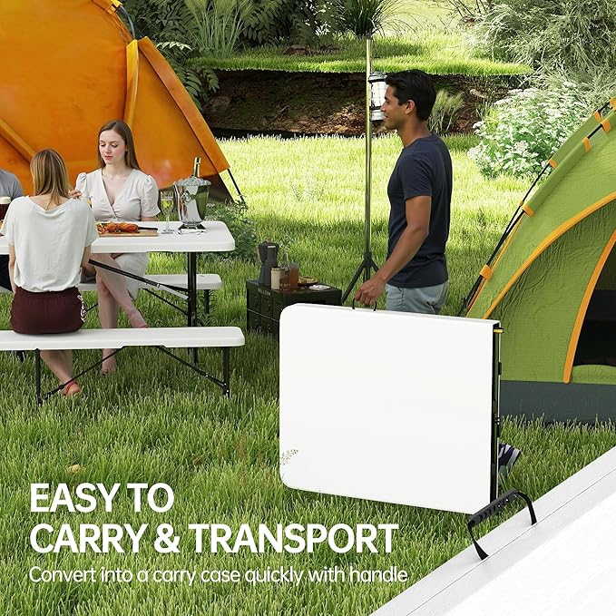 Real Relax 6' Picnic Table with 2 Benches, 3 Piece White Portable HDPE Folding Camping Table and Benches for Courtyard, Garden, Outdoor Leisure, Party