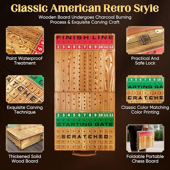 Horse Racing Game, Foldable Solid Wood Horse Games, Horse Race Board Game with 11 Metal Race Horses, Two Dice and Two Boxes of Cards, 2 in 1 Folding Horse Game Board (Folding Version)