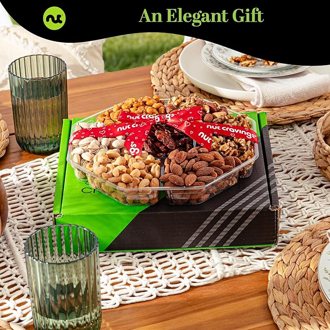 NUT CRAVINGS - Mixed Nuts Gift Basket + Heart Ribbon (7 Assortments) Food Arrangement, Healthy Snack Care Package, Kosher
