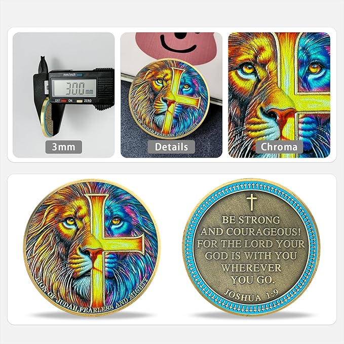 Lion Sword and Shield Challenge Coin - Inspirational Collectible, High Relief Design, Symbol of Courage and Strength, Medieval Style Classic Amulet (Colorful Cross Lion)