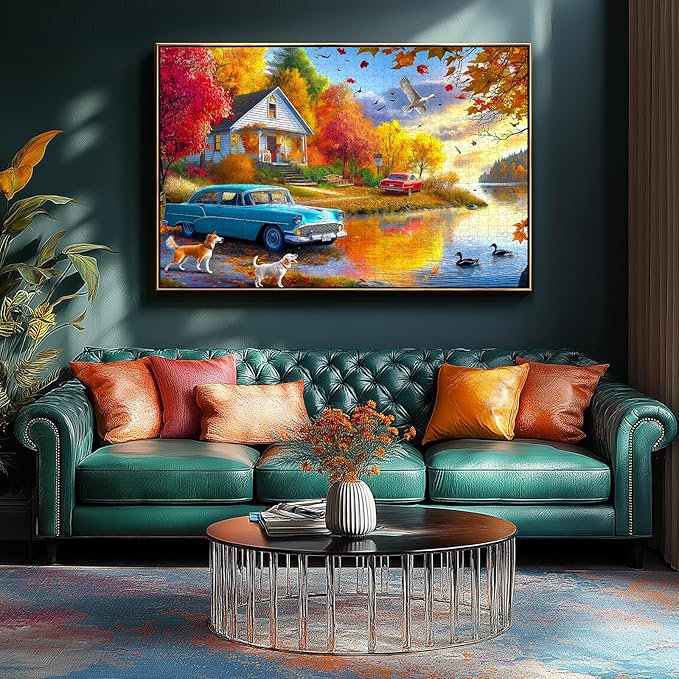 500 Piece Puzzles for Adults Autumn Lakeside House Jigsaw Puzzles for Adults Fall Village Landscape Jigsaw Puzzles 500 Pieces Challenging Family Puzzle for Women Men Seniors Size is (21"x15")