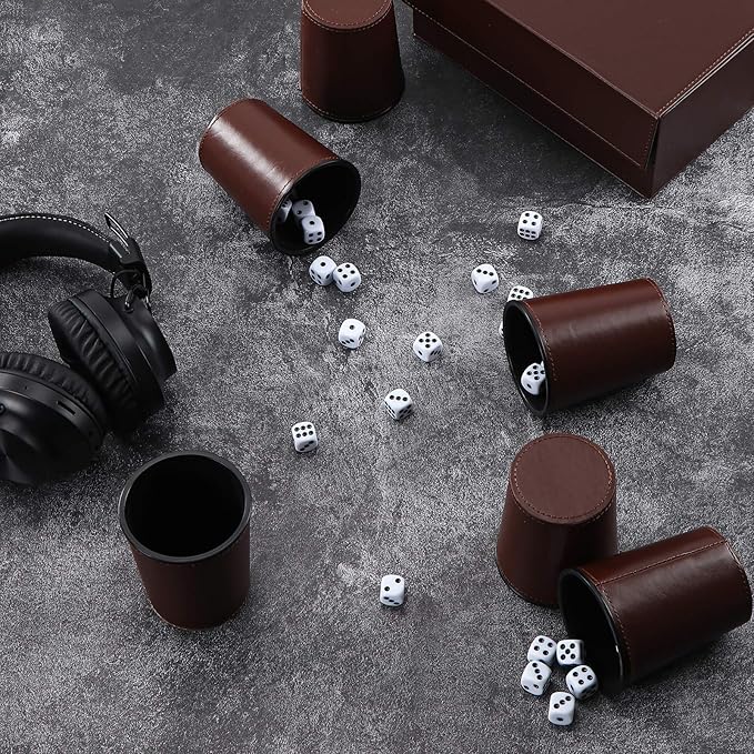 Party Games Leather Dice Cup Set, 6 Black Leather Dice Cups +30 Dice + Exclusive Storage and Transport Case Made of Faux Leather