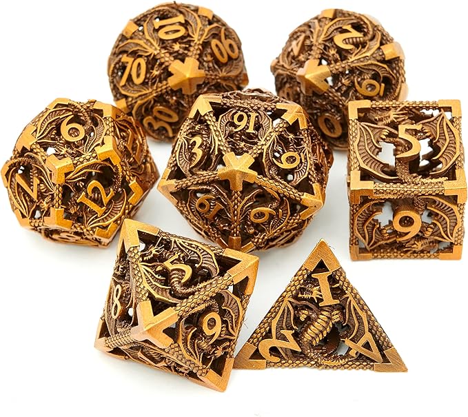 Metal DND Dragon Dice Set Dungeons and Dragons for Role Playing Games (RPG) MTG Pathfinder Tabletop Games(Ancient Gold)