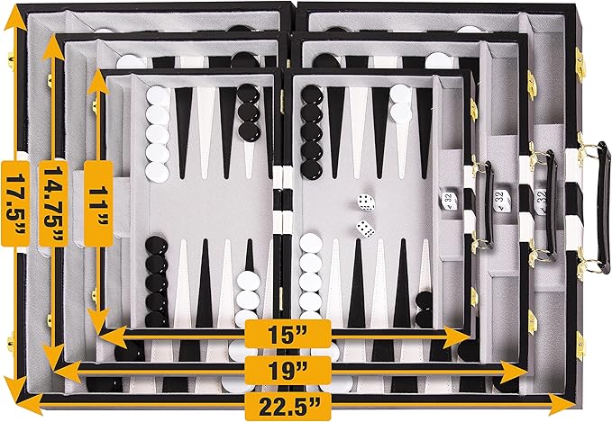 Backgammon Set 15 inch, Medium - Classic Board Game for Adults and Kids with Premium Leather Case - Includes Strategy & Tip Guide (Black)