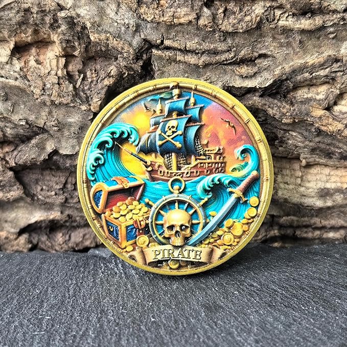 Pirate Challenge Coin with Skull and Ship Design - Treasure Island Adventure Coin, 1.57” with Protective Case