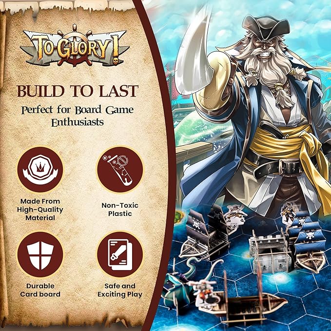 to Glory - Pirate Adventure Board Game – Family Fun for 2-4 Players – Engage in Dexterity & Strategy, Discover Treasure with Pirate Adventure Map Clues & Battle Rival Ship