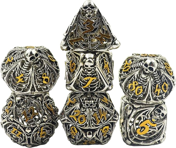 Metal DND Dice Set Skull Dungeons and Dragon Dice Set Hollow Polyhedral Magic 7 PCS Dice Set with Gift Metal Box for Dungeons and Dragons Table Games Play Cards MTG(Skull_Ancient Silver and Gold)