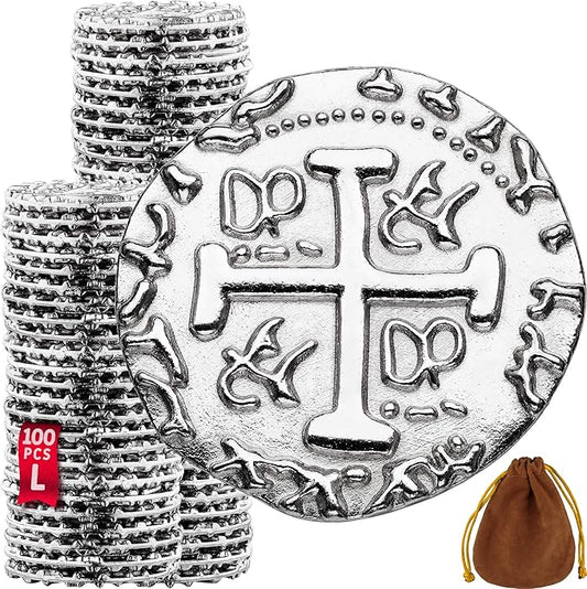 Large Silver Metal Pirate Coins - 100 Silver Treasure Coin Set, Metal Replica Spanish Doubloons for Board Games, Tokens, Toys, Cosplay - Realistic Money Imitation, Pirate Treasure Chest - Size: 1.06"