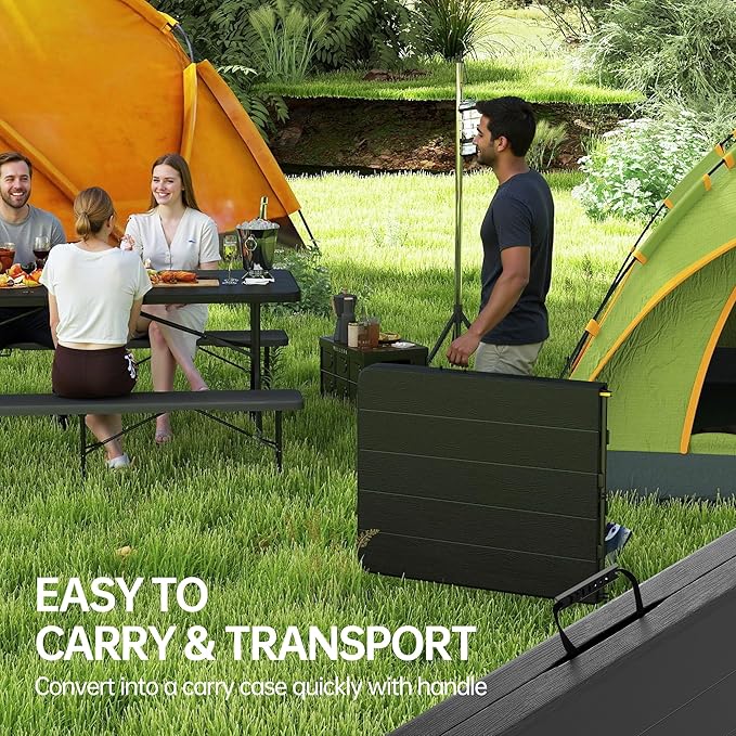 Real Relax 6' Picnic Table with 2 Benches, 3 Piece Black Wood Grain Portable HDPE Folding Camping Table and Benches for Courtyard, Garden, Outdoor Leisure, Party