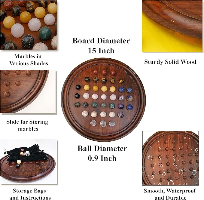 Rosewood Solitaire Board Game Set with 36 Natural Marbles - Authentic Handmade Solitaire Boards | for Adults on Any Occasion (16 inches)