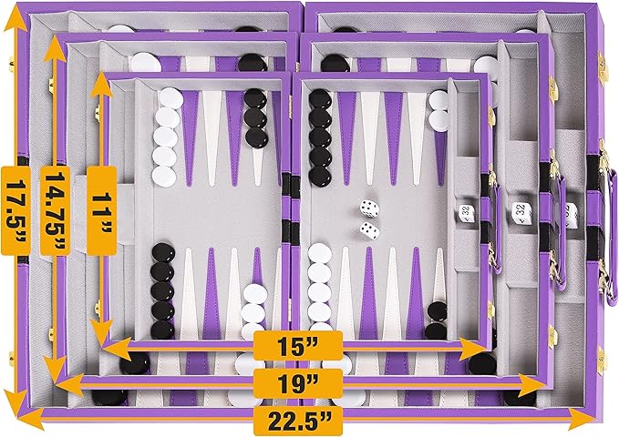 Backgammon Set 15 inch, Large - Classic Board Game for Adults and Kids with Premium Leather Case - Includes Strategy & Tip Guide (Purple)