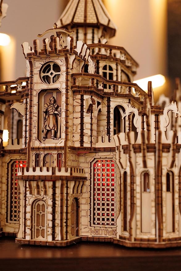 Wood Trick Dragon Castle Movable Wooden 3D Puzzles for Adults and Kids to Build - Red LED - Greensleeves Melody - Towers Rotating - Engineering DIY Project Mechanical Model Kits for Adults
