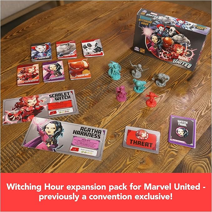 Spin Master Games, Marvel United: Witching Hour Expansion Pack with Scarlet Witch & Agatha Harkness Miniatures, Limited Edition Trade Show Exclusive, Board Games for Adults, 1-5 Players, Ages 14 & Up