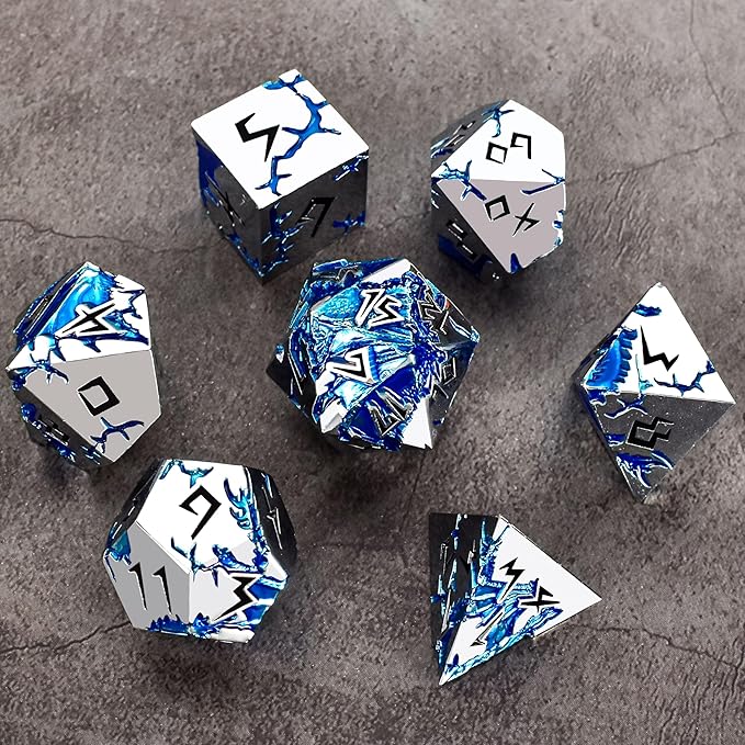 Rule Dice - D&D Dice Set, Metal Dice Sets, Dungeons and Dragons Dice Set with Gift Box, D20 D4 D12 D10 D% D8 D6, Blue Dragon Style Gaming DND Dice for MTG RPG TTPRG (Silver Black)