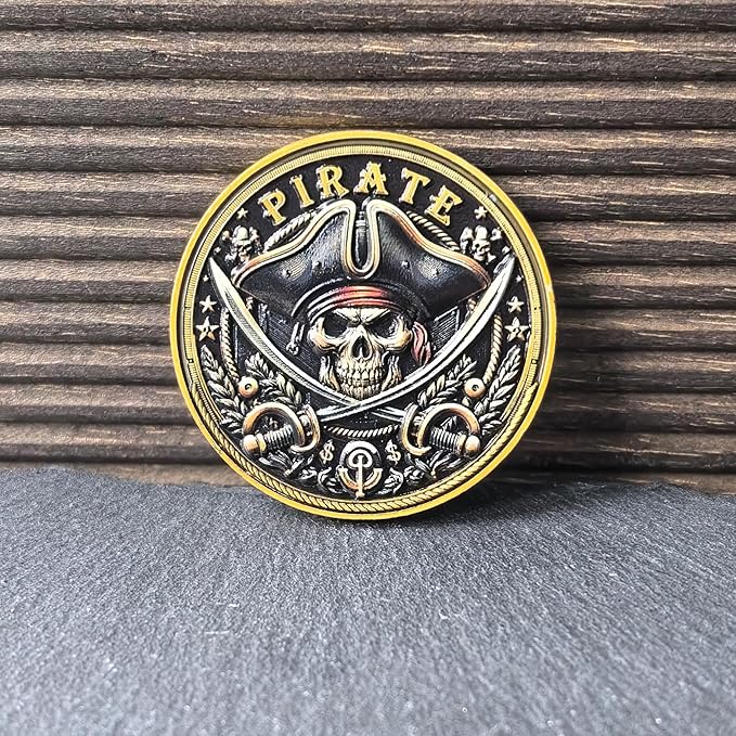 Pirate Challenge Coin – Adventure-Themed Zinc Alloy Coin with Treasure Map Design – 1.57 Inch Collectible Coin with Skull and Cross Swords   