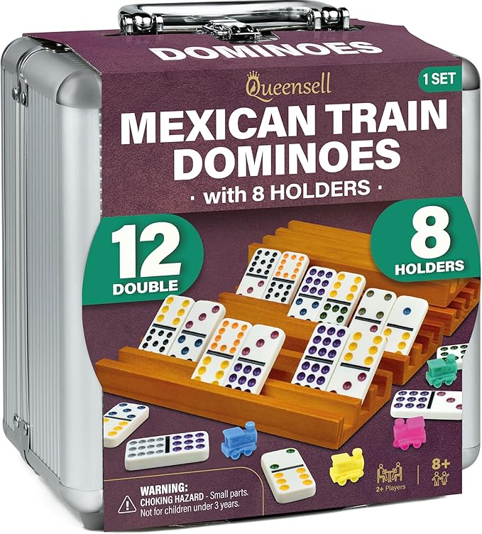 Queensell Mexican Train Dominoes Set with 8 Holders - Wooden Hub and Tiles Holders - Double 12 Tiles with Dots (D12 + 8 Holders)