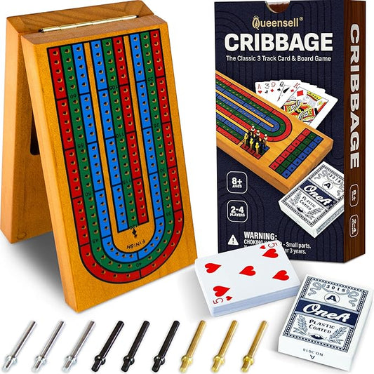 Cribbage Board Game Set with Storage - Classic Game Travel Cribbage Board with Wooden Card Storage for Adults & Kids - Ideal for Game Night