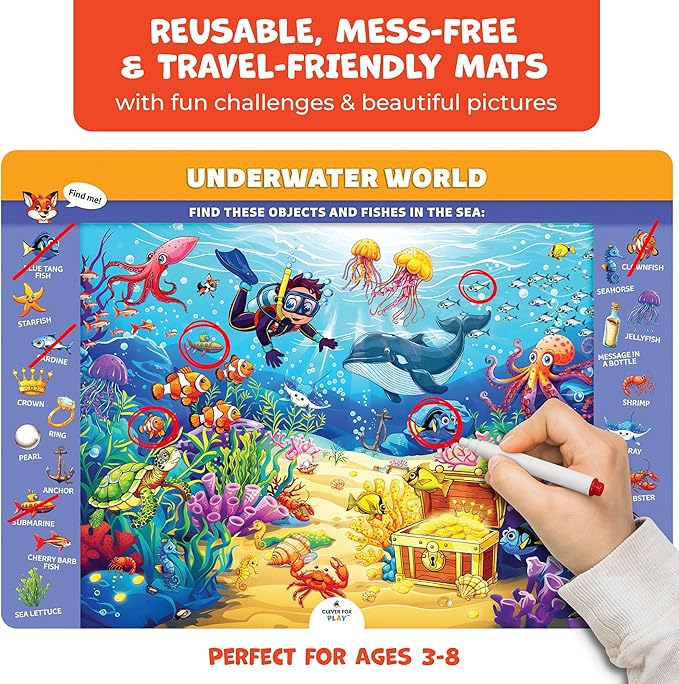 Search & Find Reusable Activity Mats for Preschool Learning – 30 Educational Find It Games for Kids Ages 3-8 – Interactive Dry Erase Mats – Seek & Find Toys for Toddler & Kindergarten