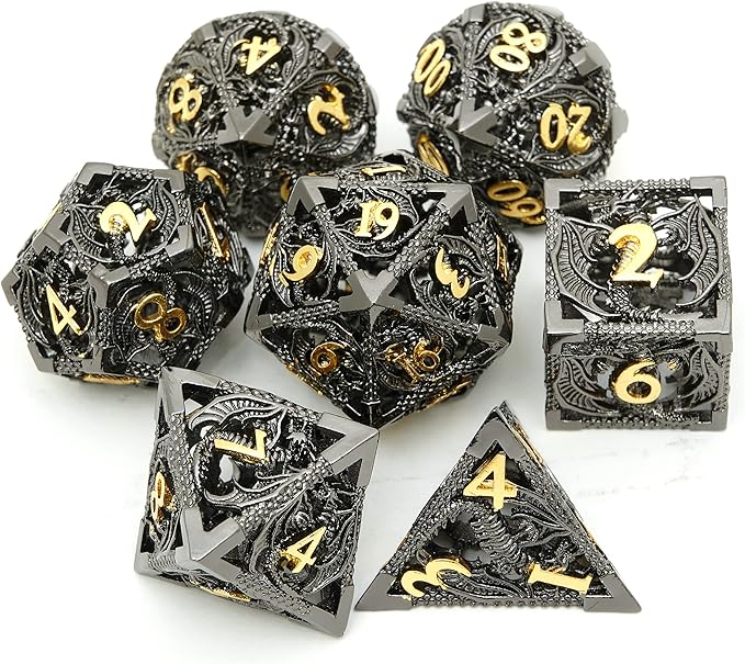 Metal DND Dragon Dice Set Dungeons and Dragons for Role Playing Games (RPG) MTG Pathfinder Tabletop Games(Black Gold)