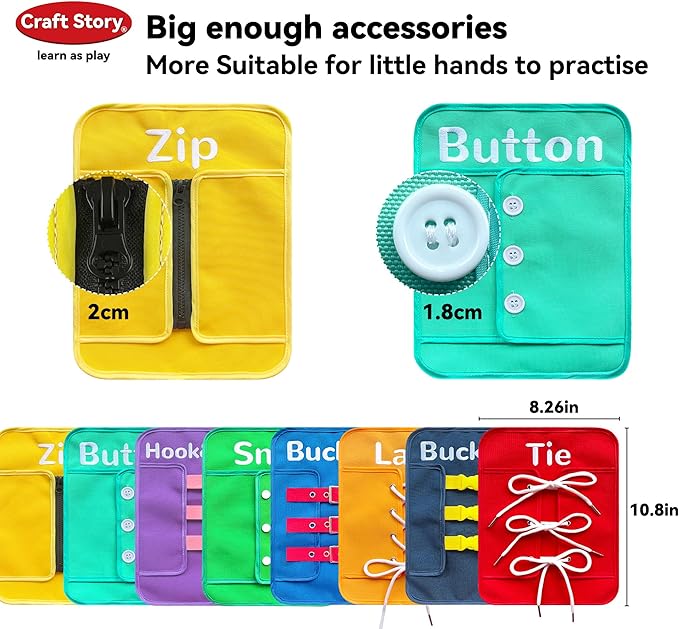 Craftstory Toddlers Montessori Busy-Board for 3 4 5 Year Basic-Life-Skills Shoe-Tying Practice for Kids, Buckle Zip String Toys Fine-Motor Skill Toys Teacher Resoures Preschool Classroom, Medium
