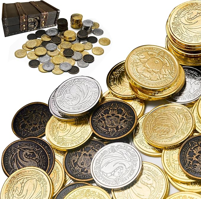 Metal Pirate Coins, 110 Pieces Lots of Toys Gold Coins for Board,for DND Props Accessories, Treasures and Treasure chests Fantasy Dragon Coinsfor RPG Tablelap