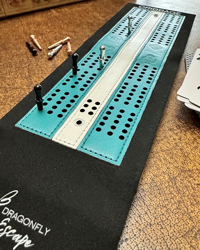 Folding Travel Cribbage Game | Unique Lightweight Cribbage Board | Travel Cribbage Board | Portable Travel-Size Cribbage Set (Teal & White)