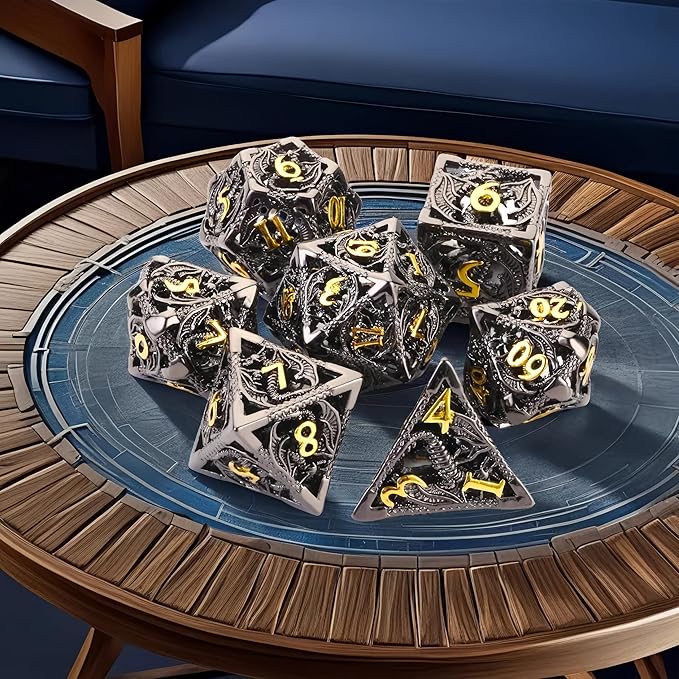 Metal DND Dice Set Dungeons and Dragon Dice Set Hollow Dragon Polyhedral Magic 7 PCS Dice Set with Gift Metal Box for Dungeons and Dragons Table Games Play Cards MTG(Dragon_Black Plus Gold)