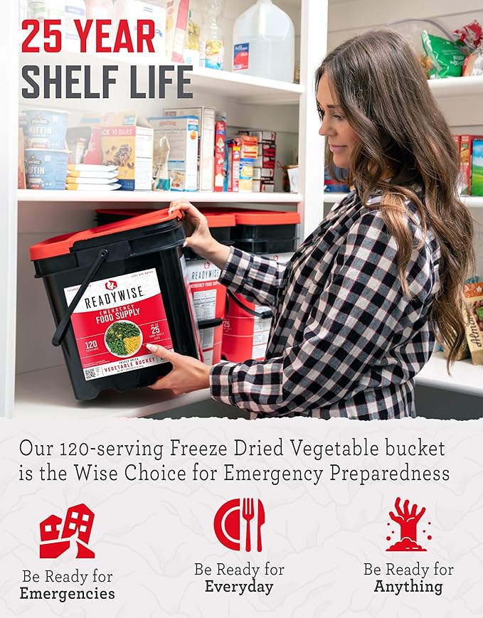 ReadyWise Emergency Food Supply - 120 Servings Freeze Dried Vegetables Bucket, Dehydrated Meals, Survival Food Kit for Backpacking, Camping Essentials & Prepping Supplies, up to 25 Year Shelf Life