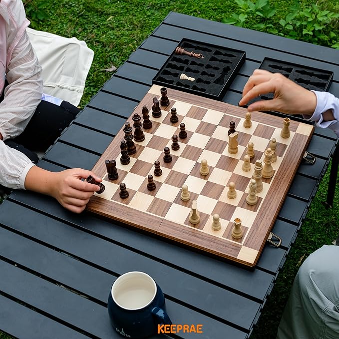 15” Magnetic Wooden Chess Set with Removable Chess Piece Case, KEEPRAE Folding Travel Chess Board Game for Adults & Kids, Tournament & Beginner