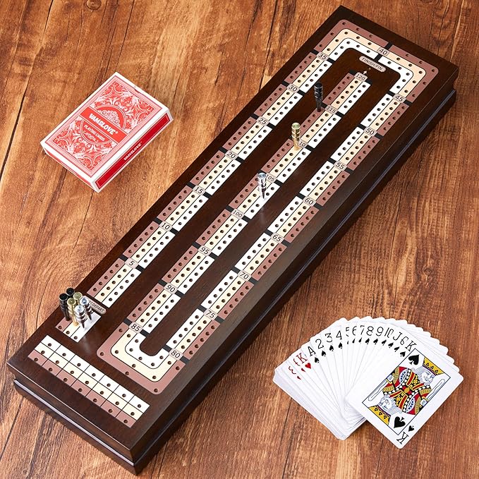 VAMSLOVE Wooden Cribbage Board Game Magnetic 3-Track Scoreboard with Large Slots for Storing 2 Playing Cards and 9 Metal Pegs, Travel Family Game Night (Instruction Included