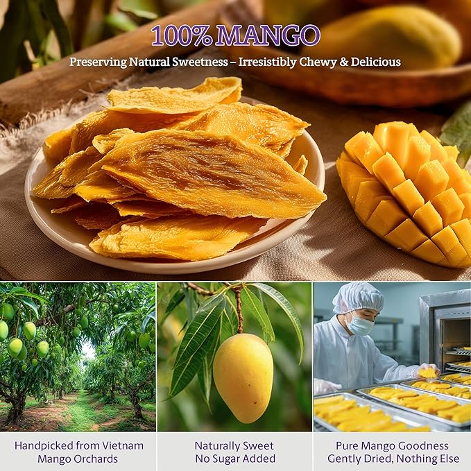 Vinamit Soft Dried Mango | No Sugar Added Mango Slices | 3.5 oz Bag | Naturally Sweet, Vegan, Non-GMO, Gluten-Free & Unsweetened | Rich in Dietary Fiber | Ideal for Travel, Healthy Snacking