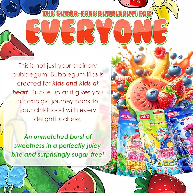 Bubblegum Kids Sugar Free Gum - For Kids and Adults - Vegan Friendly - Retro, Parent Approved Bubble Gum with Burst of Sweet Flavor - Variety Pack (8 Pack of Fruit Flavors)