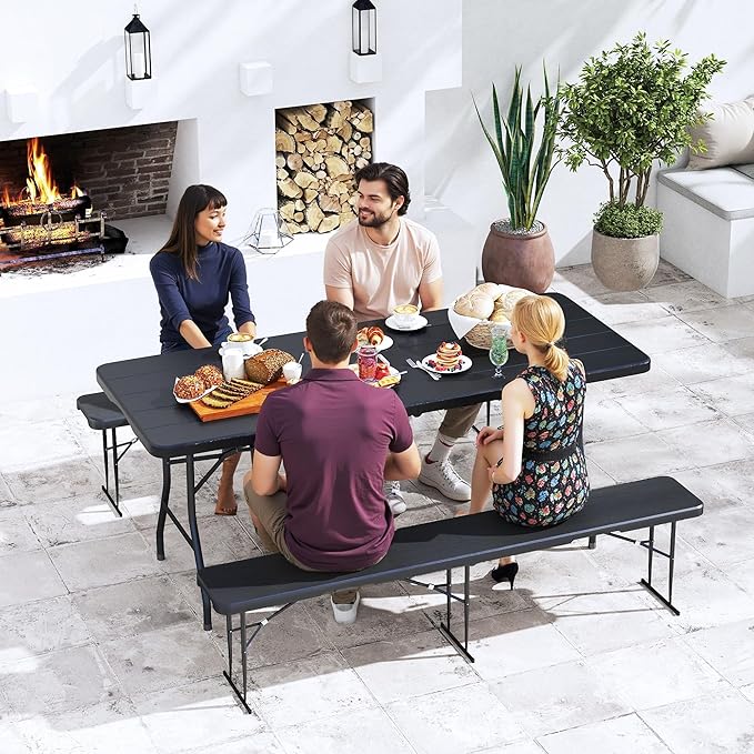 Real Relax 6' Picnic Table with 2 Benches, 3 Piece Black Wood Grain Portable HDPE Folding Camping Table and Benches for Courtyard, Garden, Outdoor Leisure, Party