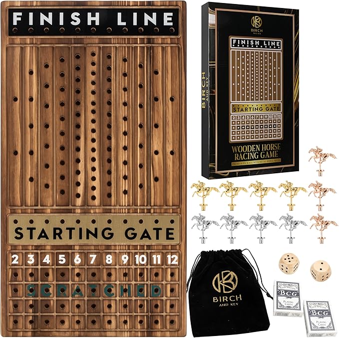 Horse Race Board Game Racing Game - Solid Wood Race Game Board with Dice, 2 Playing Card Decks, and Suede Carry Bag - Large 21 x 12 inch Horse Racing Board Game with 11 Premium Metal Horses
