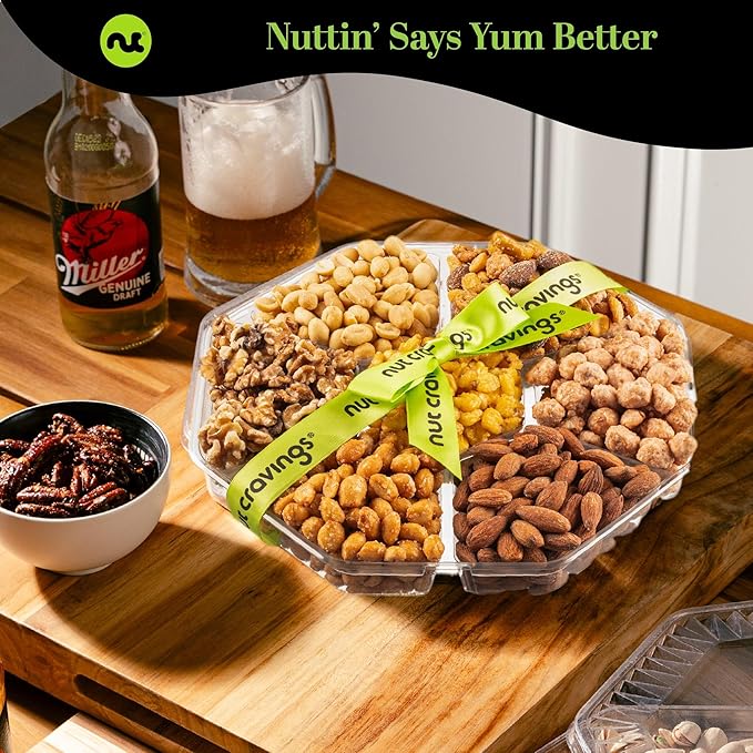 NUT CRAVINGS - Mixed Nuts Gift Basket + Green Ribbon Classic (7 Assortments, 1 LB) Food Arrangement, Healthy Snack Care Package, Kosher