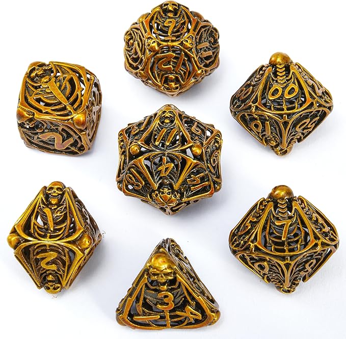 Metal Skull Dice Set Hollow Multi-Sided Dungeons & Dragons Dice 7CPS Role-Playing Dice Set with Flannel Bag Suitable for D&D Board Game Cards(Kugin)